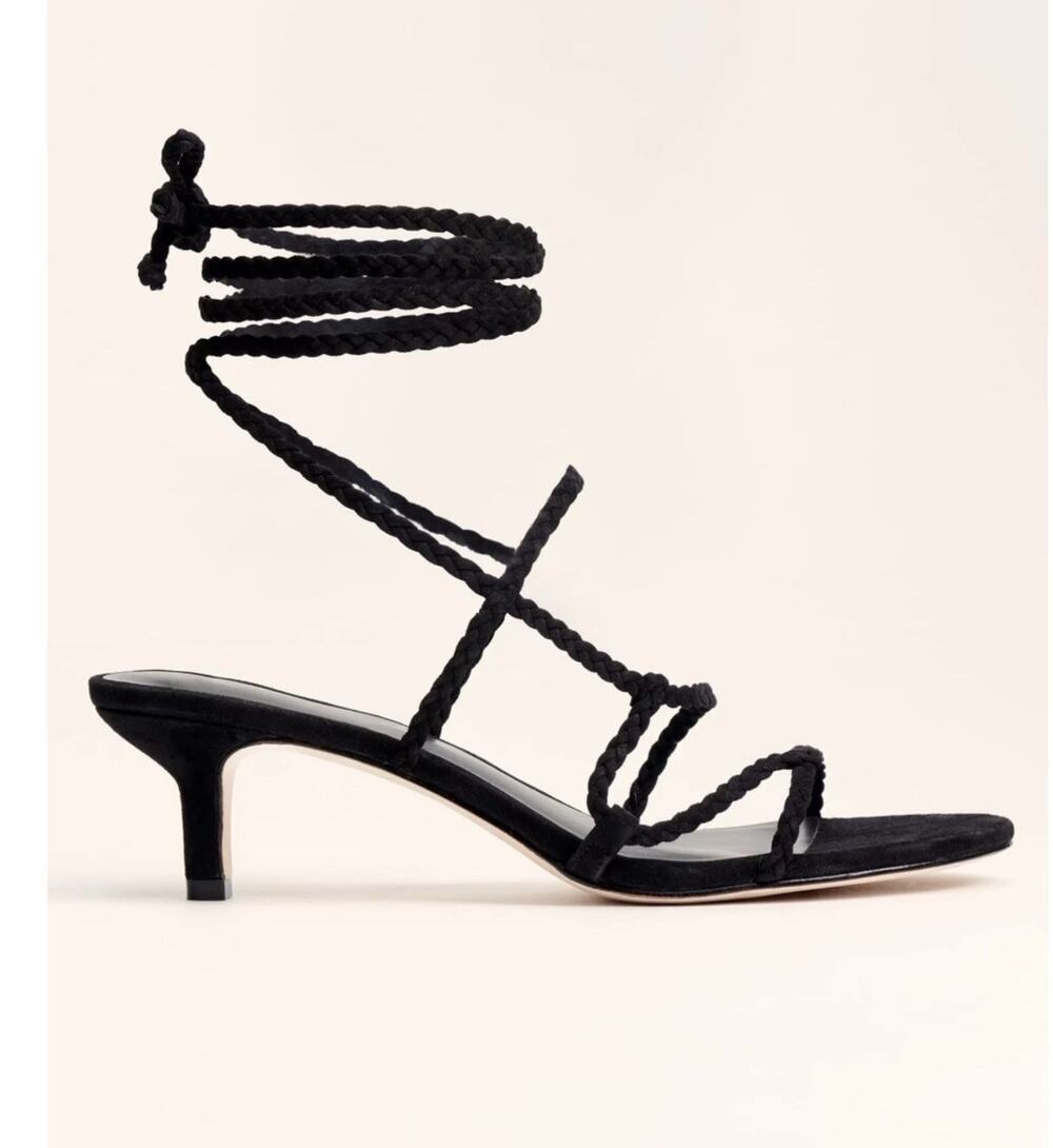 Reformation Porto Sandals Women’s Size 7.5M Black Suede Strappy Lace Up Heels